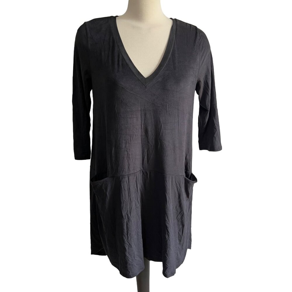 Peach Love Faux Suede Black Dress Sz Medium Womens 3/4 Sleeve Knee Length Pocket